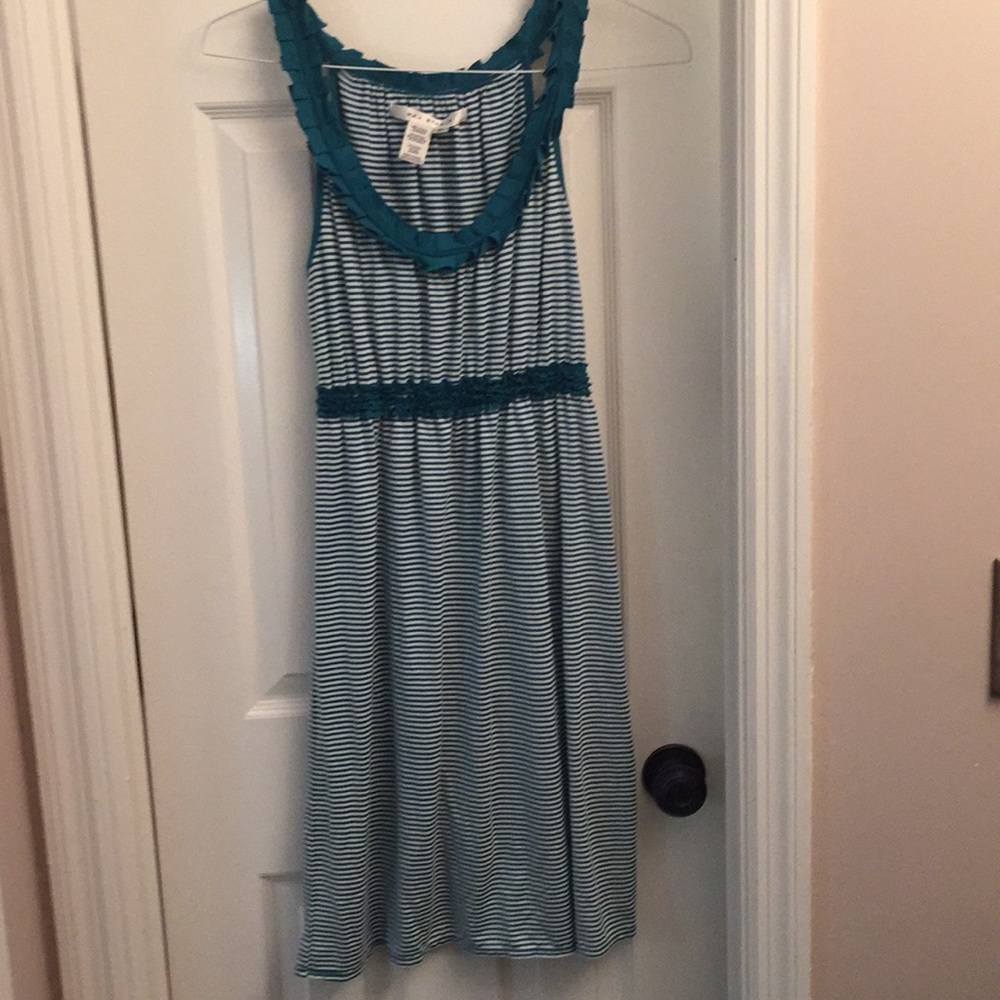 Green and white stripped dress.